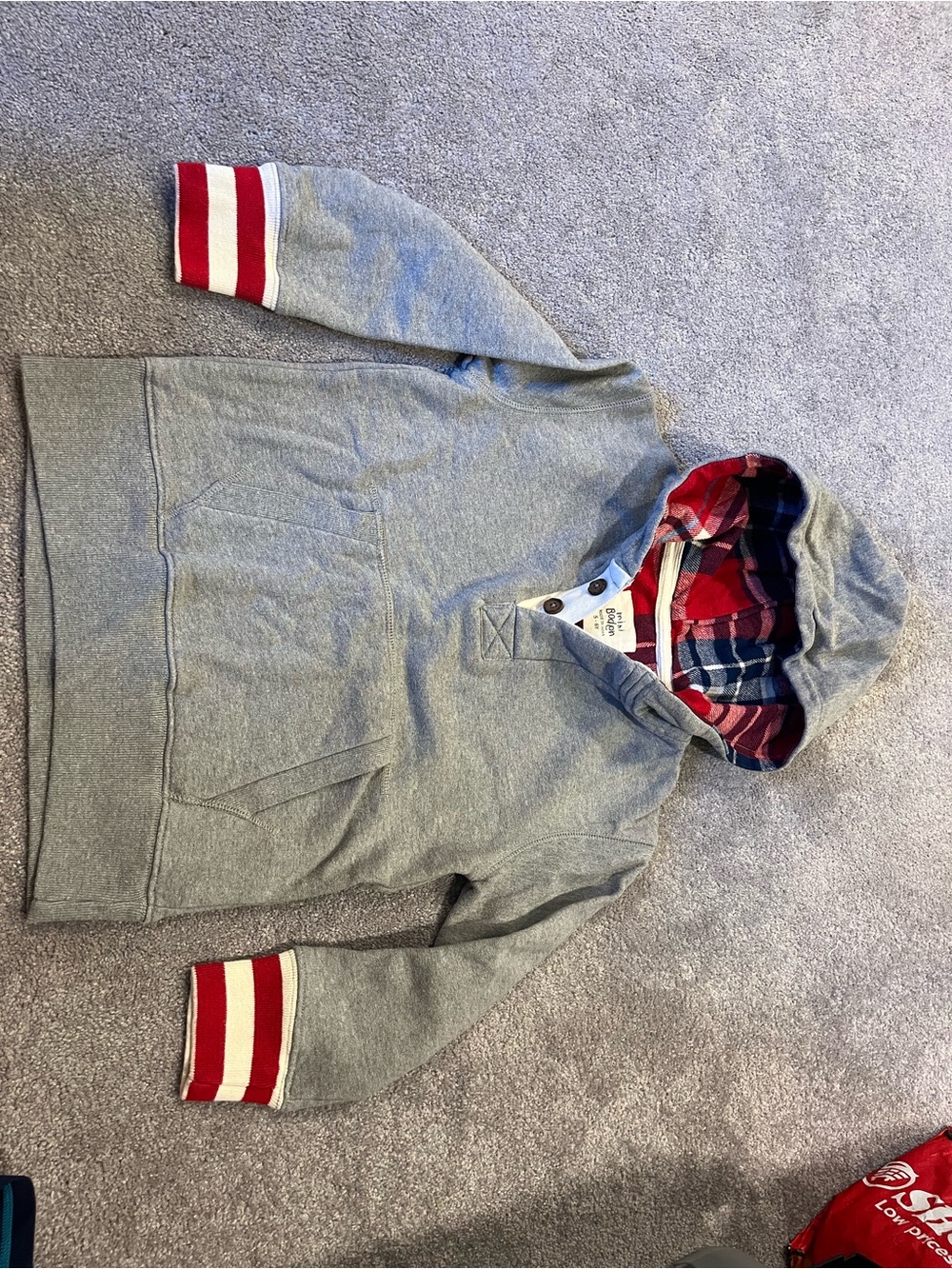 Mini Boden Gray Hoodie with Red Plaid Flannel Lined Hood